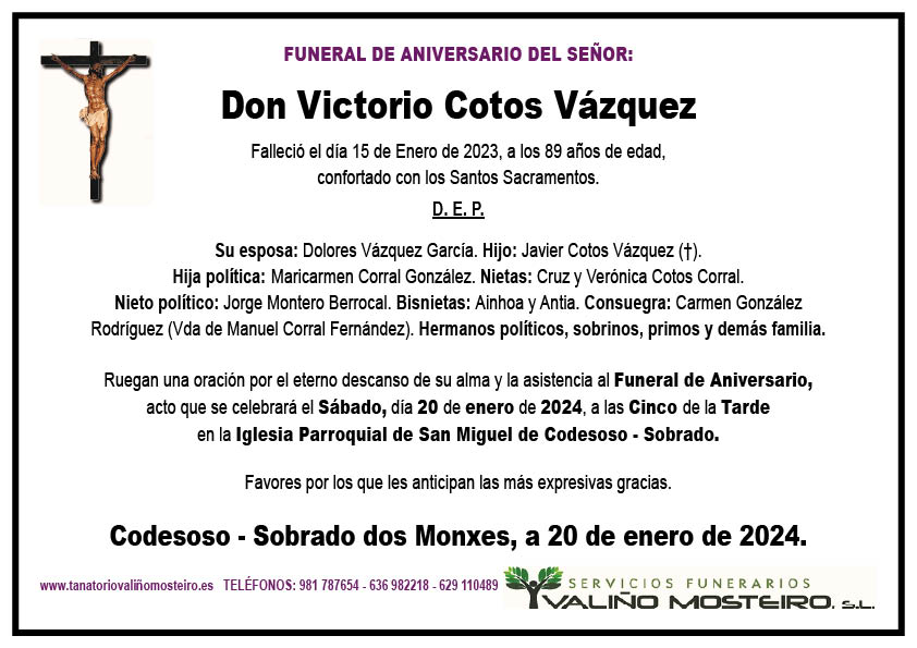 Esquela de Victorio Cotos Vázquez.